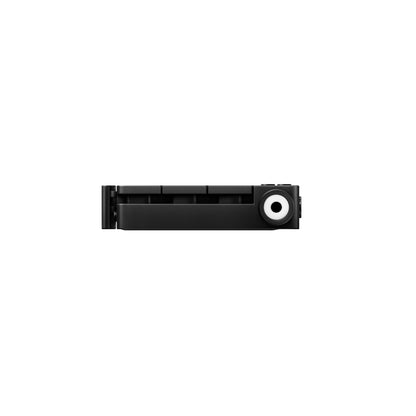 Bottom side profile of Teenage Engineering TP-7 Black recorder highlighting the main headphones output jack and matte black textured chassis