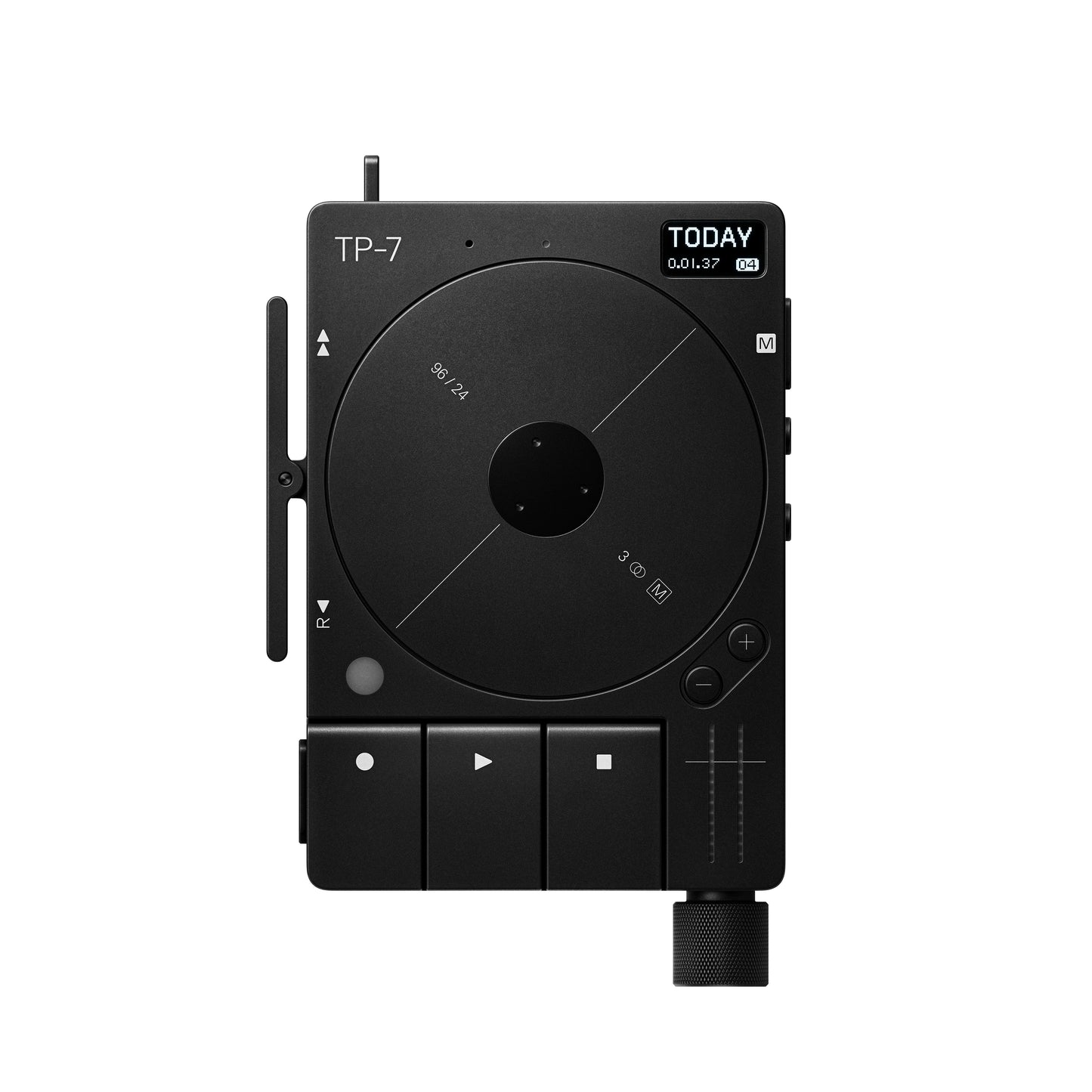 Teenage Engineering TP-7 Black field recorder front panel layout featuring motorized tape reel disk transport keys and digital display