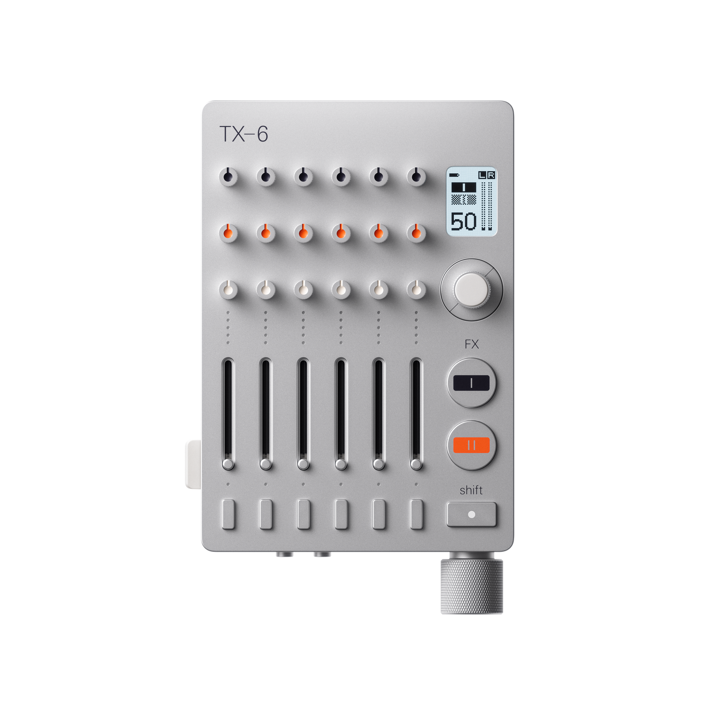 Front view of the silver Teenage Engineering TX–6 portable stereo mixer showing its control knobs, vertical track faders, and digital display screen
