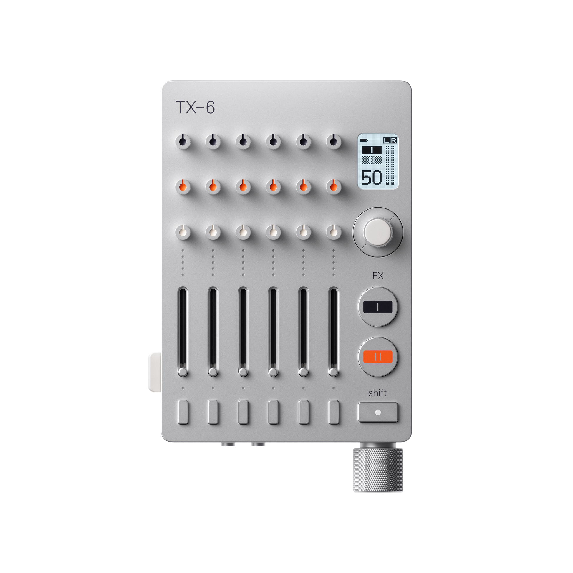 Front view of the silver Teenage Engineering TX–6 portable stereo mixer showing its control knobs, vertical track faders, and digital display screen