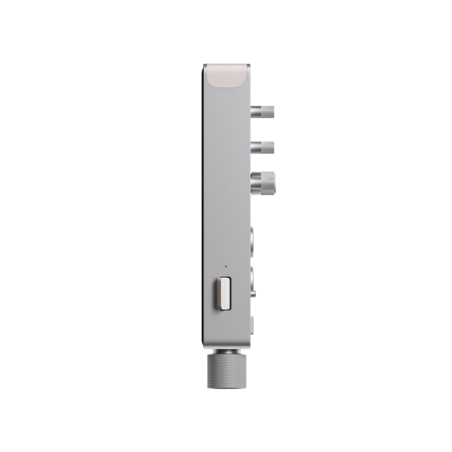Side profile view of the slim anodized aluminum Teenage Engineering TX–6 mixer highlighting its compact depth and protruding metallic control knobs