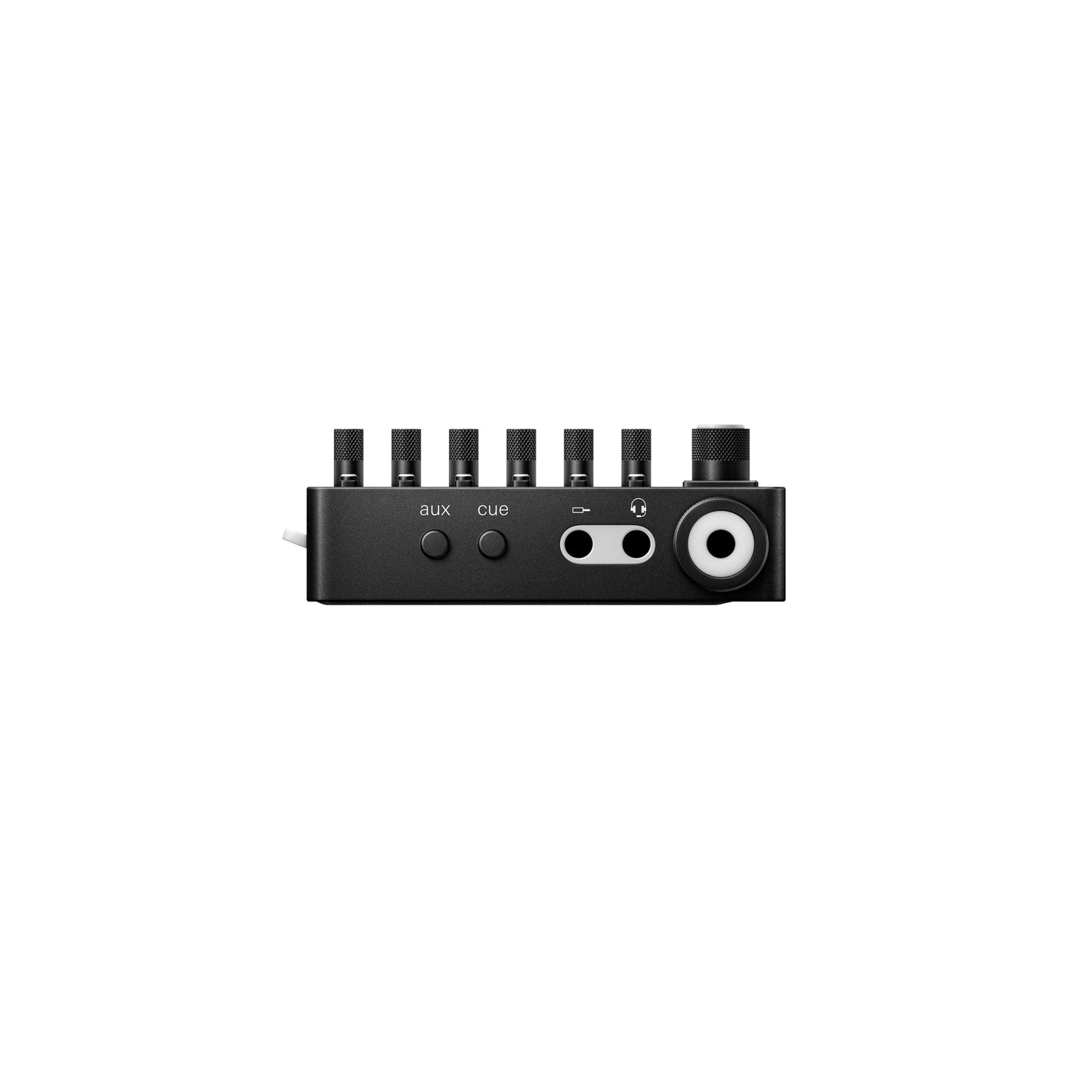 Bottom side profile of Teenage Engineering TX-6 Black mixer showing aux cue headphone out jacks and main encoder knob