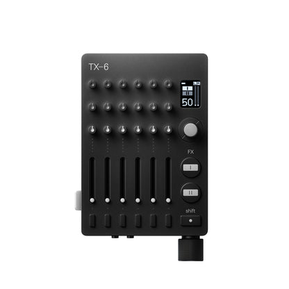 Teenage Engineering TX-6 Black pocket mixer front panel layout showing mini faders knobs track LEDs and digital display screen