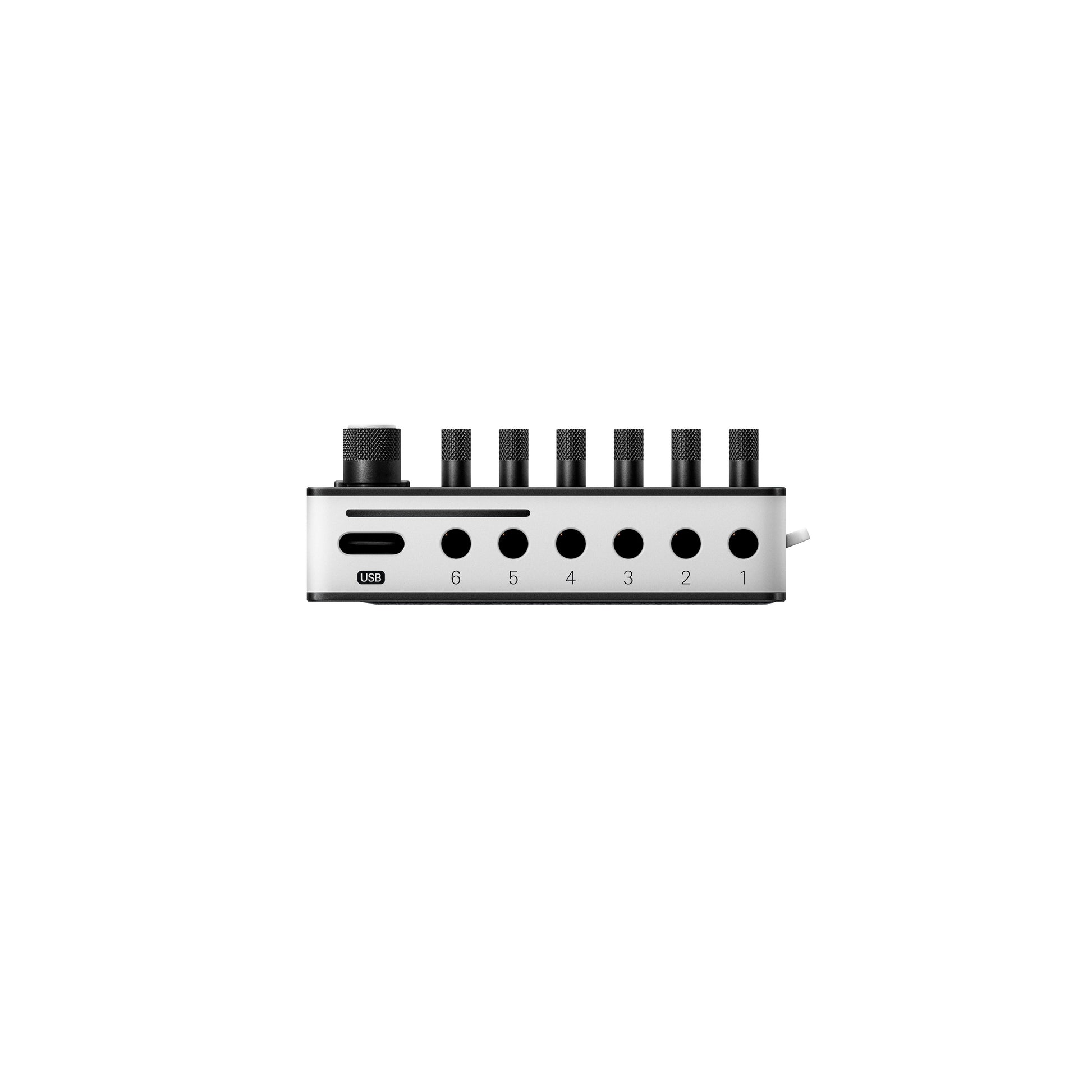 Top connection panel of Teenage Engineering TX-6 Black multi channel interface displaying USB-C port and 3.5mm inputs 1 through 6