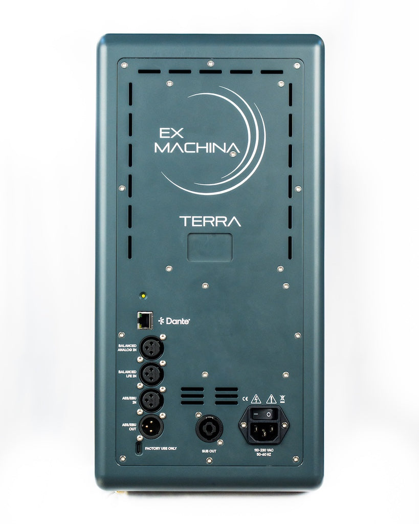 Ex Machina Terra studio monitor rear panel with Dante and XLR connections