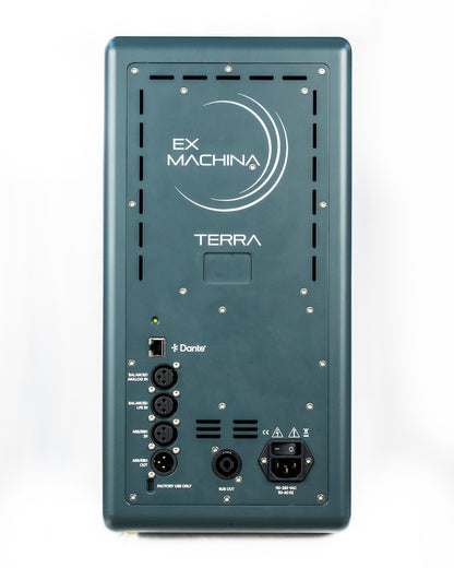 Ex Machina Terra studio monitor rear panel with Dante and XLR connections