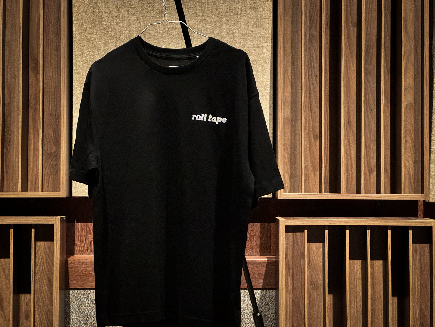 Black Roll Tape Relaxed Fit T-Shirt by Arda Recorders front close-up