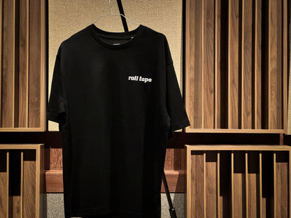 Black Roll Tape Relaxed Fit T-Shirt by Arda Recorders front close-up
