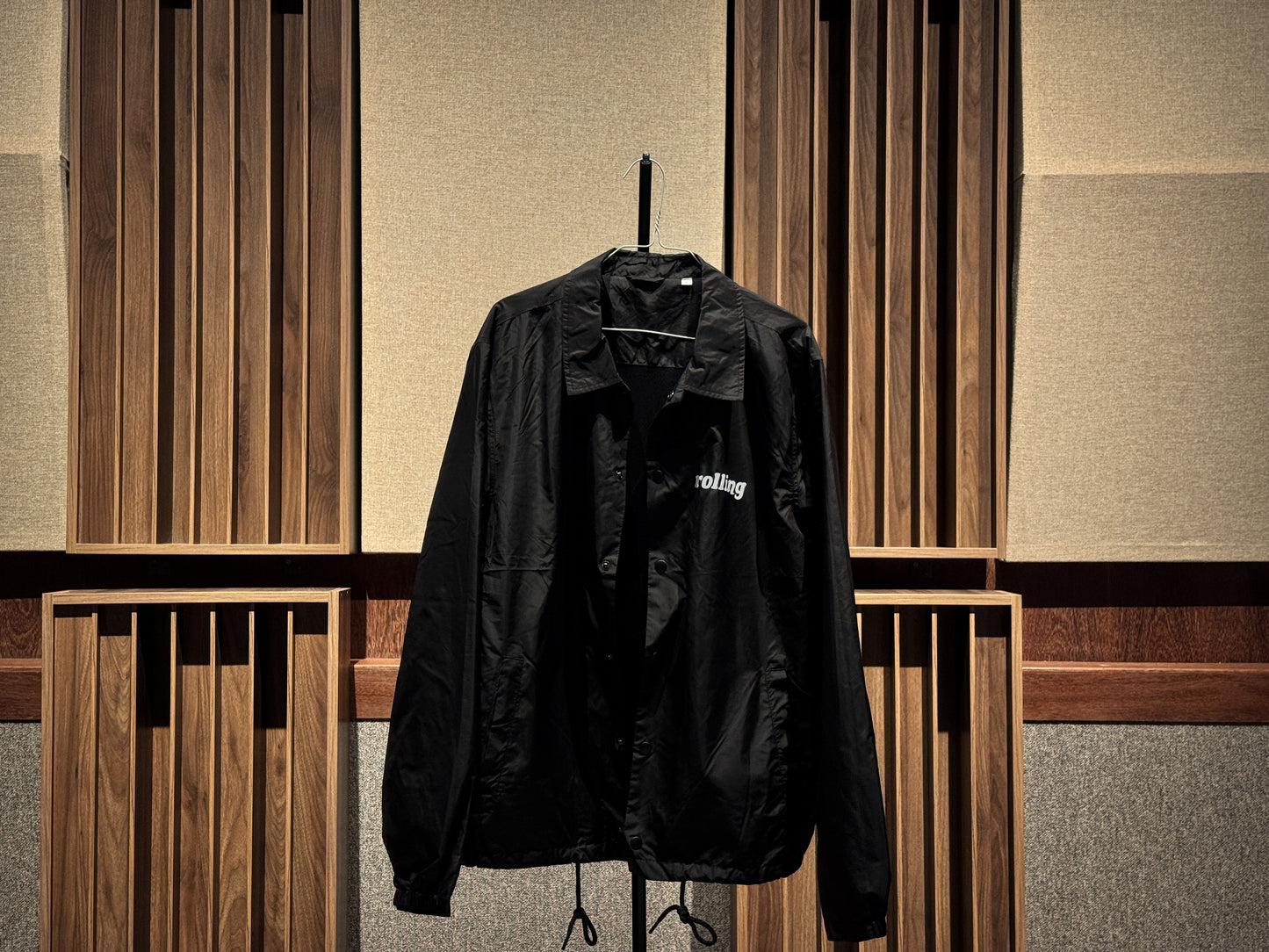 Warm Analog black coach windbreaker jacket for recording studio lifestyle