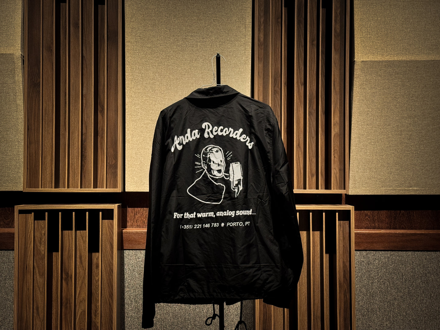 Back print detail on Warm Analog coach jacket for music producers and audio engineers