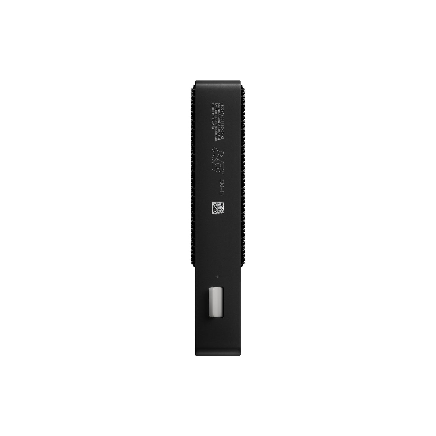 Side profile view of the slim, portable chassis design of the Teenage Engineering CM-15 Black microphone