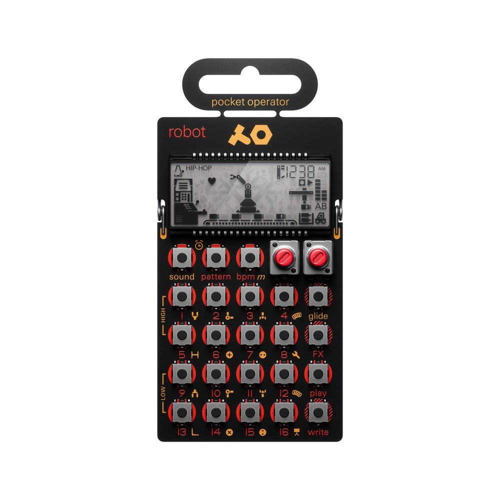 Front view of the Teenage Engineering PO-28 Robot Pocket Operator live synthesizer showing its custom LCD display screen and sequencing buttons