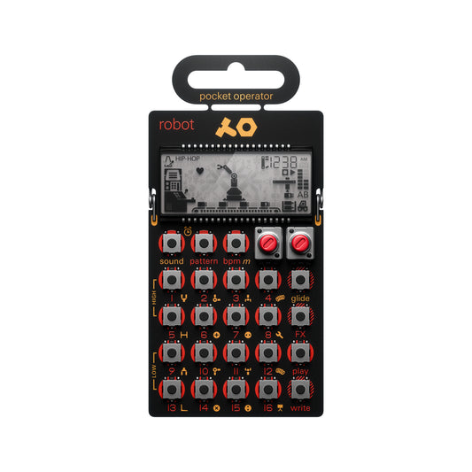 Front view of the Teenage Engineering PO-28 Robot Pocket Operator live synthesizer showing its custom LCD display screen and sequencing buttons