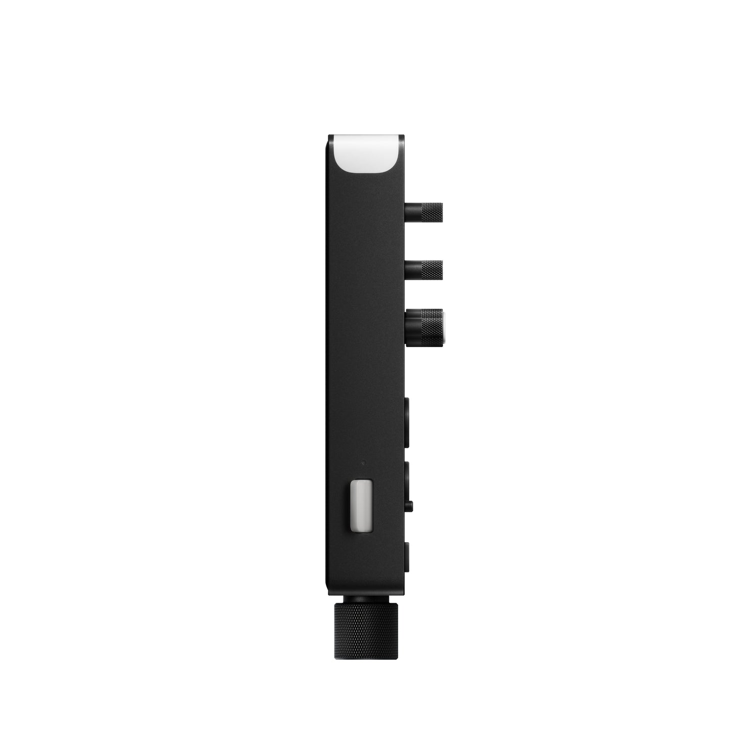 Sleek side profile of Teenage Engineering TX-6 Black anodized aluminum 6063 casing showing the ultra slim form factor and hardware buttons
